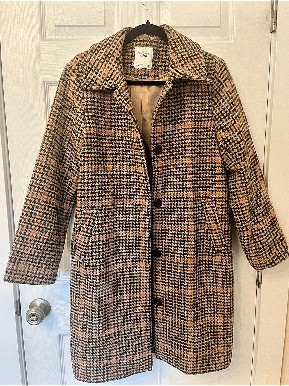 Abercrombie & Fitch Carrie Wool-Blend Trench Coat Houndstooth Pea Coat Brown &